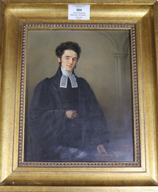 19th Century English School, oil on board, Portrait of a priest, 24 x 19cm.